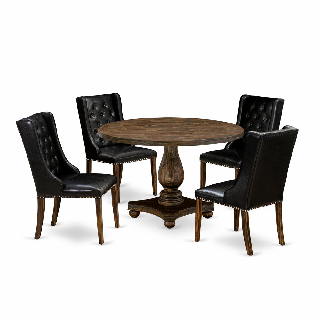 East West Furniture I2FO5-749 5 Piece Dining Room Furniture Set Includes a Round Dining Table with Pedestal and 4 Black Faux Leather Upholstered Chairs, 48x48 Inch, Distressed Jacobean