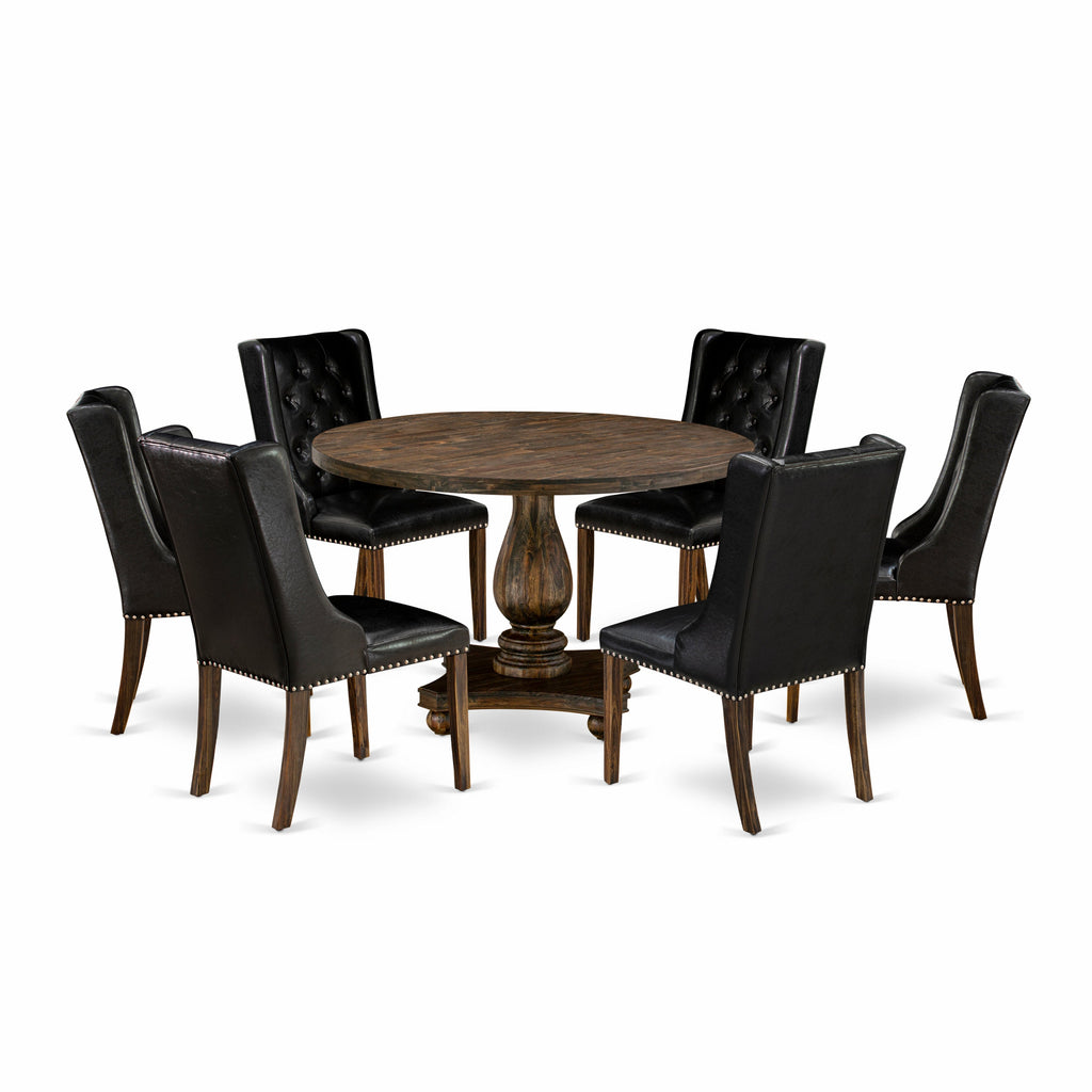 East West Furniture I2FO7-749 7 Piece Dining Room Furniture Set Consist of a Round Dining Table with Pedestal and 6 Black Faux Leather Upholstered Chairs, 48x48 Inch, Distressed Jacobean