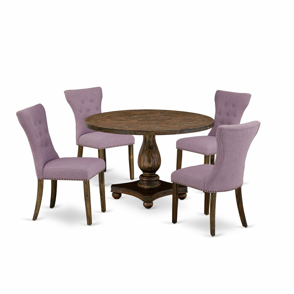 East West Furniture I2GA5-740 5 Piece Dinette Set for 4 Includes a Round Dining Room Table with Pedestal and 4 Dahlia Linen Fabric Upholstered Parson Chairs, 48x48 Inch, Distressed Jacobean