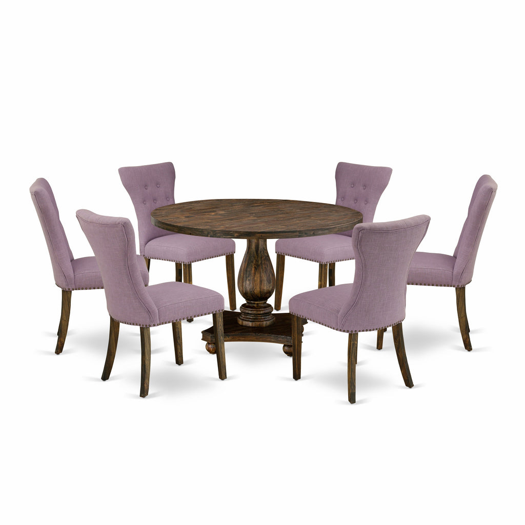 East West Furniture I2GA7-740 7 Piece Dining Set Consist of a Round Dining Room Table with Pedestal and 6 Dahlia Linen Fabric Upholstered Parson Chairs, 48x48 Inch, Distressed Jacobean