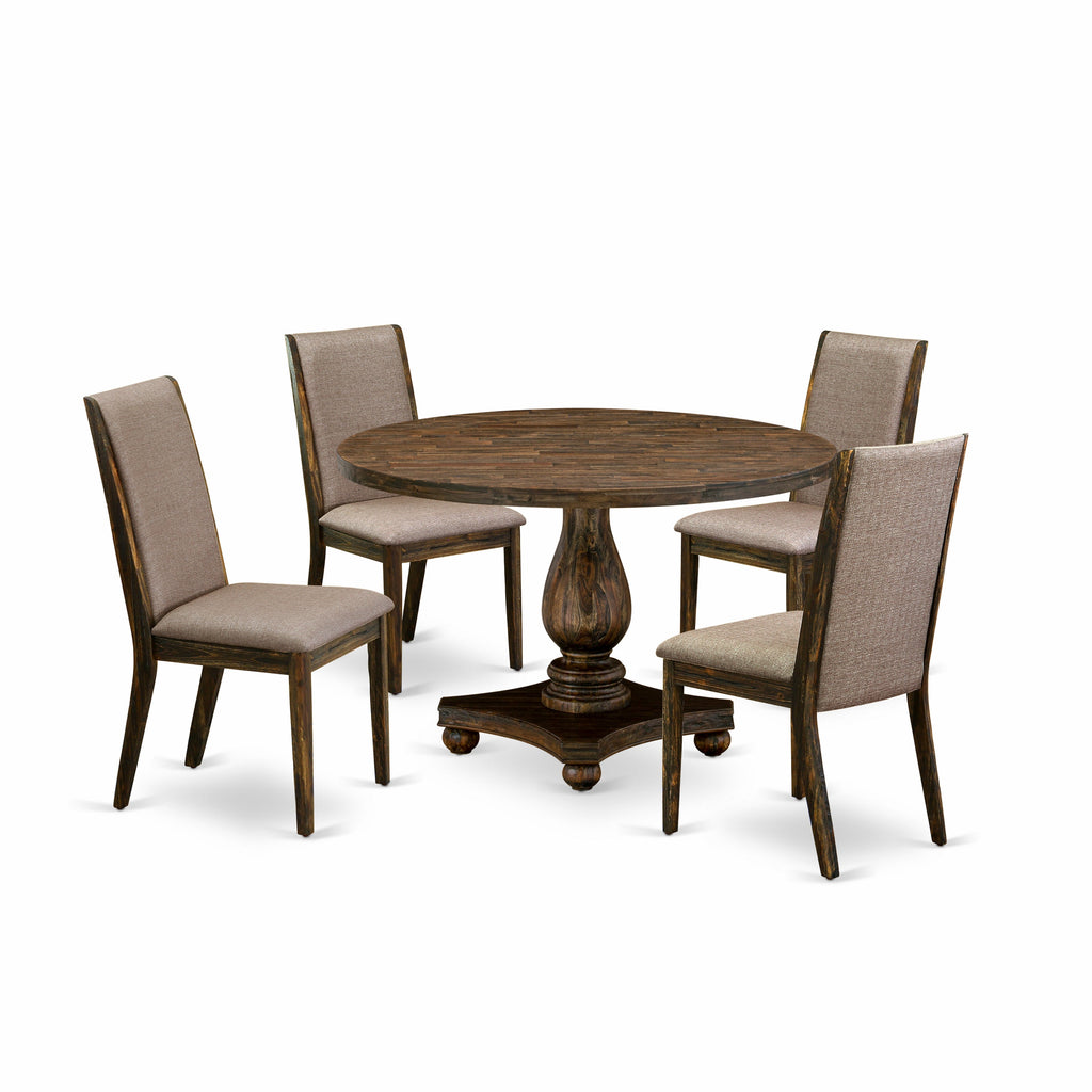 East West Furniture I2LA5-716 5 Piece Dining Set Includes a Round Dining Room Table with Pedestal and 4 Dark Khaki Linen Fabric Upholstered Parson Chairs, 48x48 Inch, Distressed Jacobean