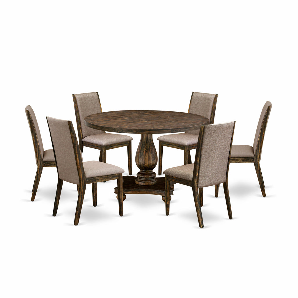 East West Furniture I2LA7-716 7 Piece Dining Table Set Consist of a Round Dining Room Table with Pedestal and 6 Dark Khaki Linen Fabric Upholstered Chairs, 48x48 Inch, Distressed Jacobean