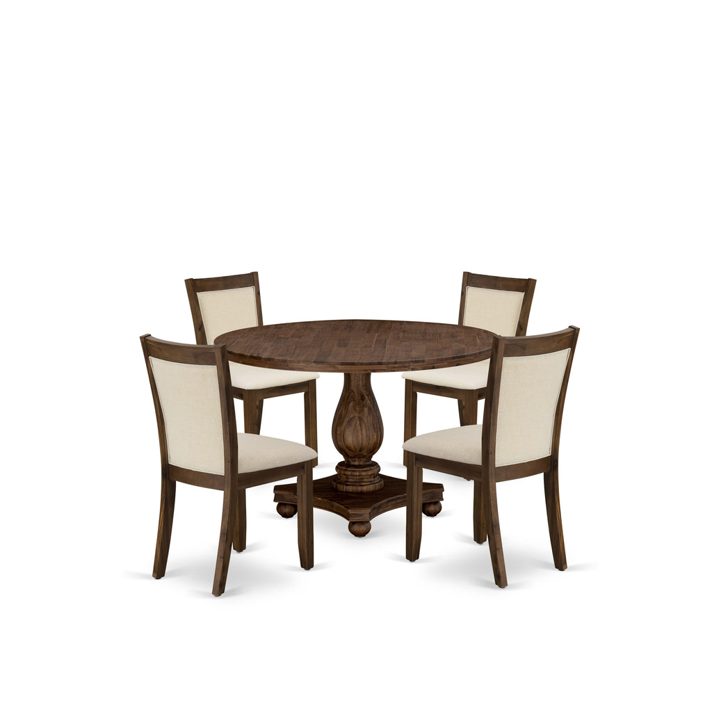 East West Furniture I2MZ5-NN-32 5 Piece Kitchen Table Set Includes a Round Dining Room Table with Pedestal and 4 Light Beige Linen Fabric Parson Chairs, 48x48 Inch, Sandblasting Antique Walnut