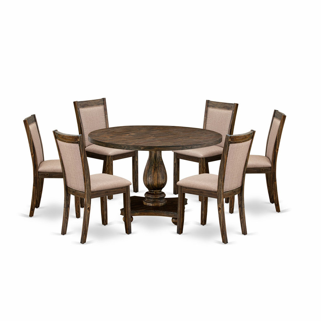 East West Furniture I2MZ7-716 7 Piece Modern Dining Table Set Consist of a Round Wooden Table with Pedestal and 6 Dark Khaki Linen Fabric Upholstered Chairs, 48x48 Inch, Distressed Jacobean