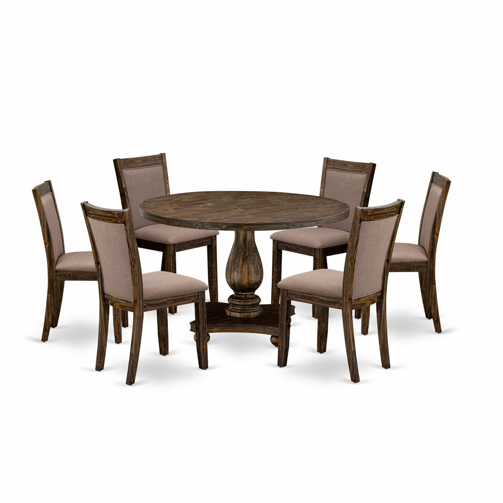 East West Furniture I2MZ7-748 7 Piece Modern Dining Table Set Consist of a Round Wooden Table with Pedestal and 6 Coffee Linen Fabric Upholstered Chairs, 48x48 Inch, Distressed Jacobean