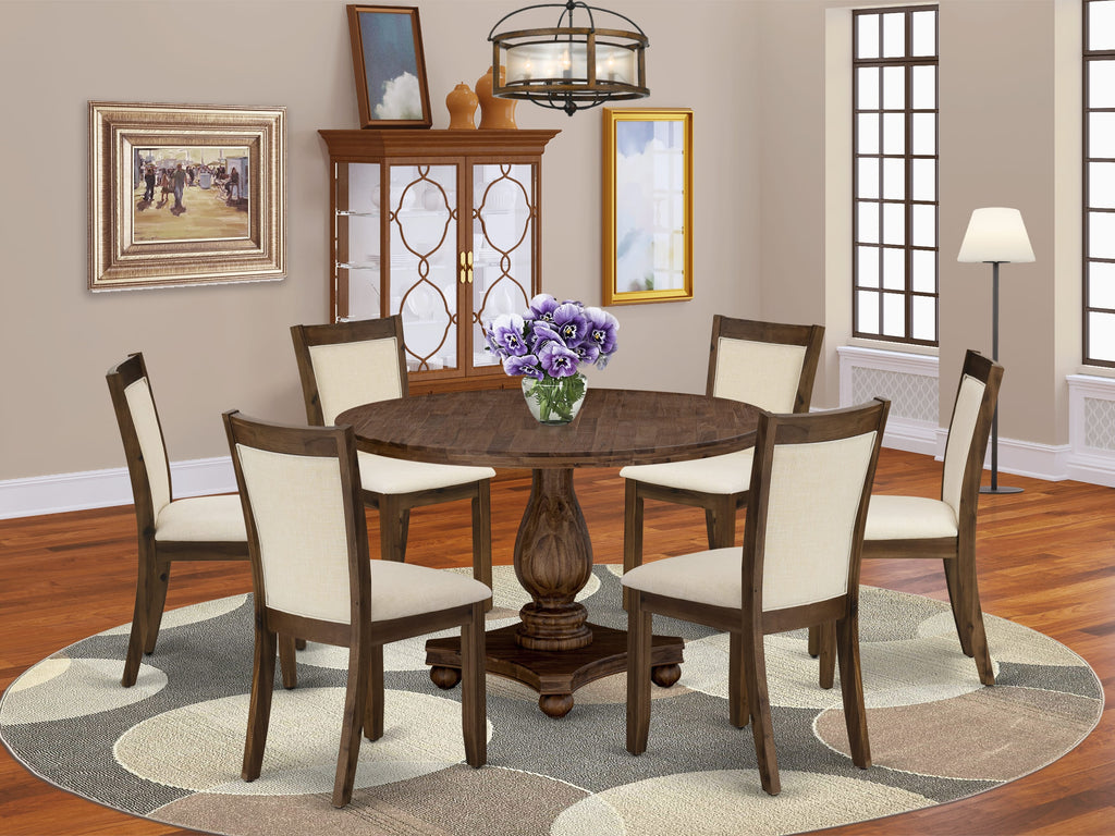 East West Furniture I2MZ7-NN-32 7 Piece Dining Table Set Consist of a Round Kitchen Table with Pedestal and 6 Light Beige Linen Fabric Parson Chairs, 48x48 Inch, Sandblasting Antique Walnut