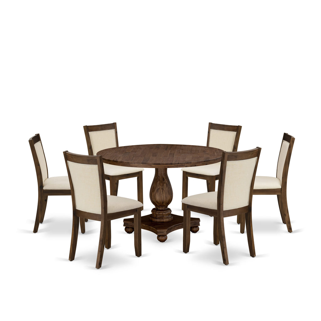 East West Furniture I2MZ7-NN-32 7 Piece Dining Table Set Consist of a Round Kitchen Table with Pedestal and 6 Light Beige Linen Fabric Parson Chairs, 48x48 Inch, Sandblasting Antique Walnut