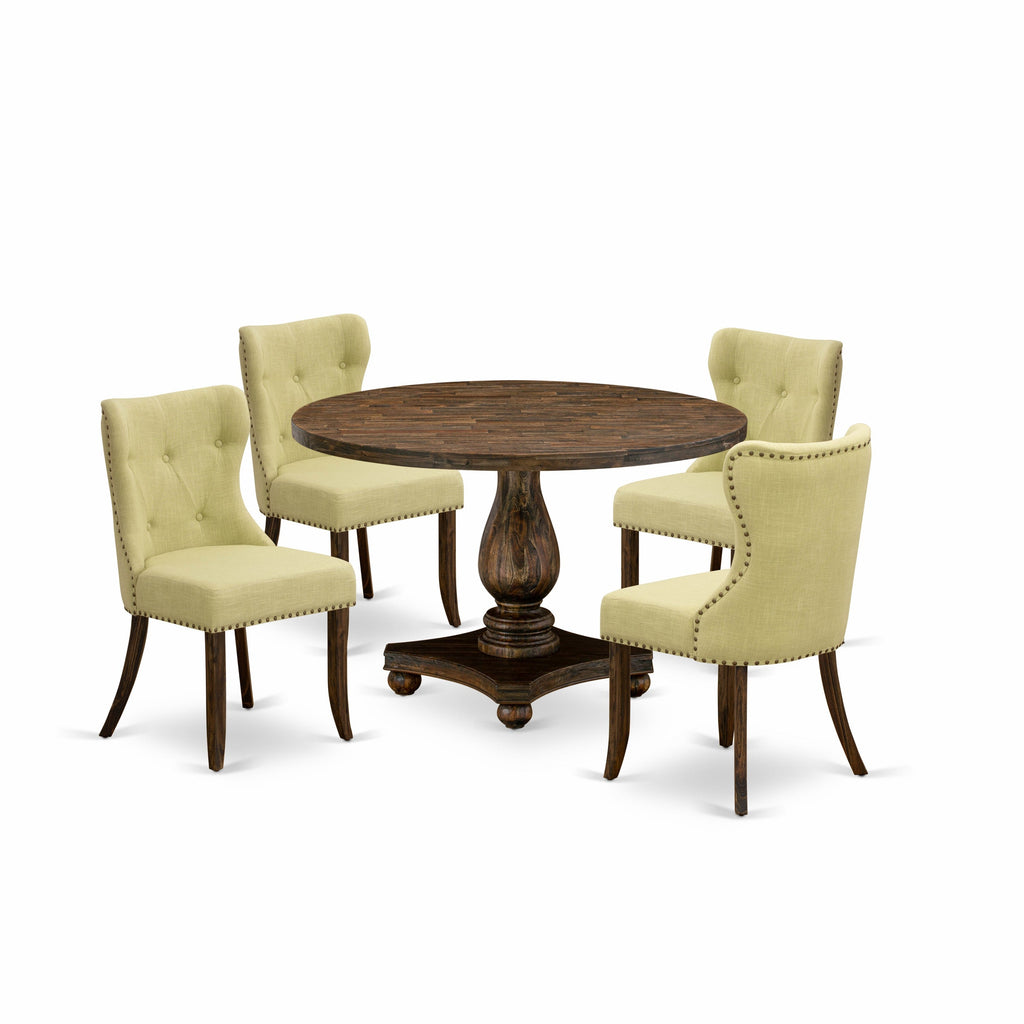 East West Furniture I2SI5-737 5 Piece Dining Room Furniture Set Includes a Round Dining Table with Pedestal and 4 Limelight Linen Fabric Upholstered Chairs, 48x48 Inch, Distressed Jacobean