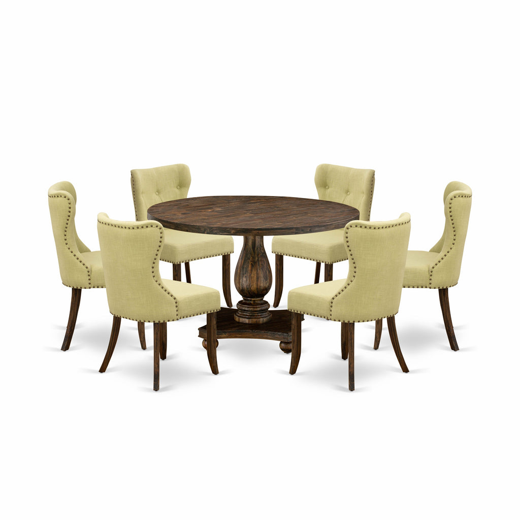 East West Furniture I2SI7-737 7 Piece Dining Room Table Set Consist of a Round Dining Table with Pedestal and 6 Limelight Linen Fabric Upholstered Chairs, 48x48 Inch, Distressed Jacobean