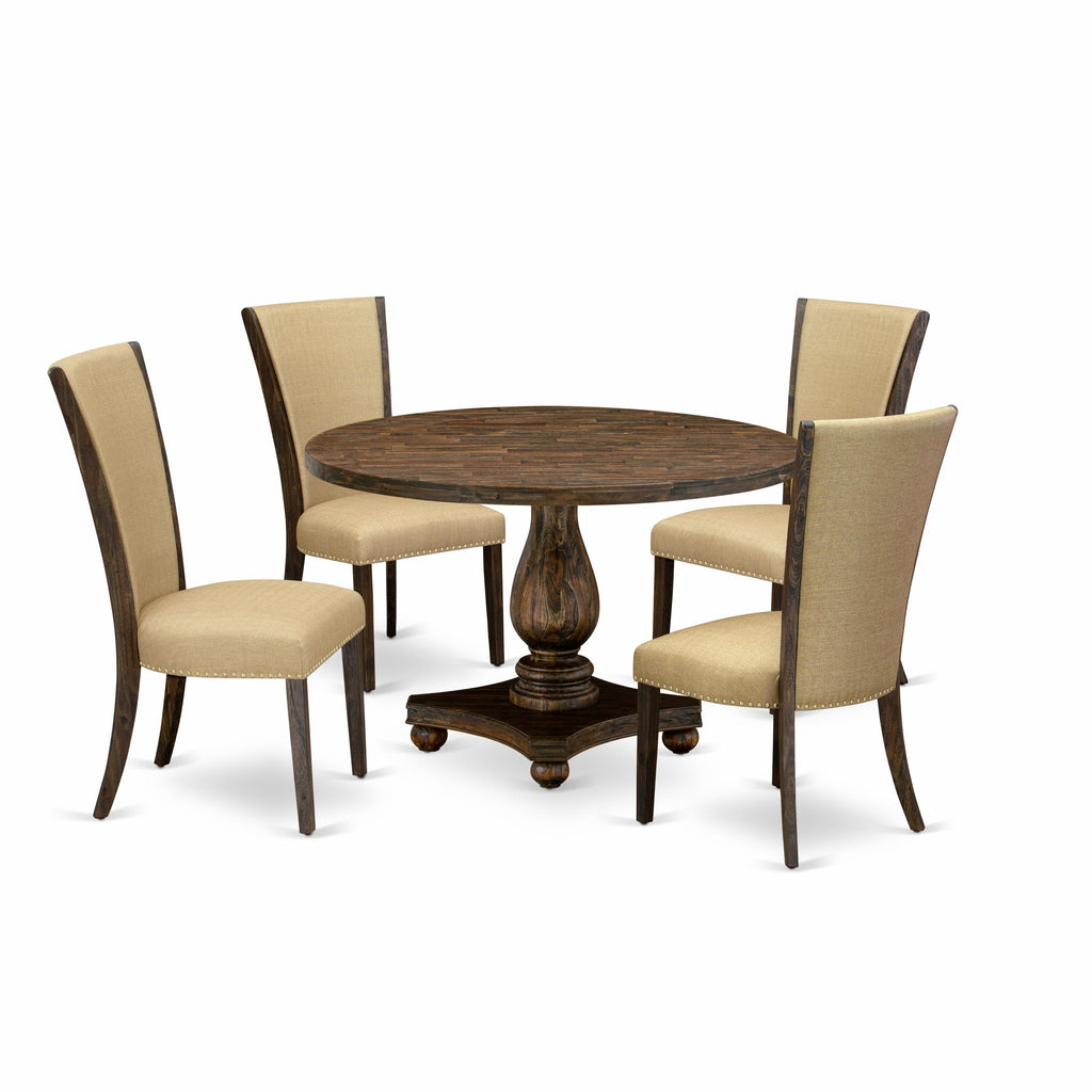 East West Furniture I2VE5-703 5 Piece Kitchen Table & Chairs Set Includes a Round Dining Room Table with Pedestal and 4 Brown Linen Fabric Parsons Dining Chairs, 48x48 Inch, Distressed Jacobean