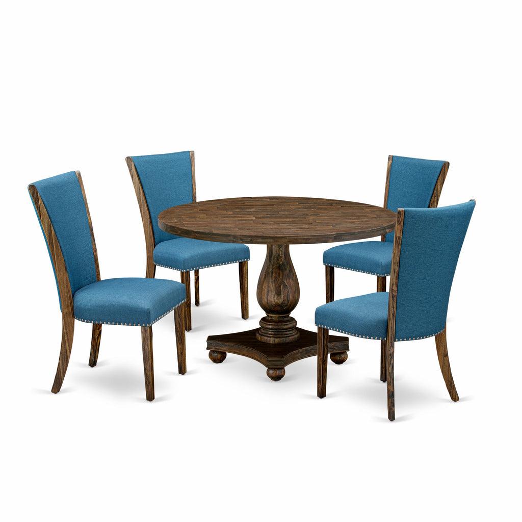 East West Furniture I2VE5-721 5 Piece Dinette Set for 4 Includes a Round Dining Table with Pedestal and 4 Blue Color Linen Fabric Parson Chairs, 48x48 Inch, Distressed Jacobean