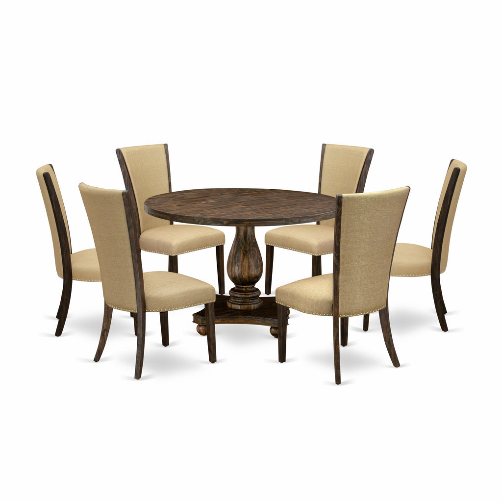 East West Furniture I2VE7-703 7 Piece Dining Room Furniture Set Consist of a Round Dining Table with Pedestal and 6 Brown Linen Fabric Parsons Chairs, 48x48 Inch, Distressed Jacobean