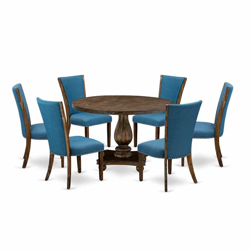 East West Furniture I2VE7-721 7 Piece Dining Set Consist of a Round Dining Room Table with Pedestal and 6 Blue Color Linen Fabric Upholstered Parson Chairs, 48x48 Inch, Distressed Jacobean