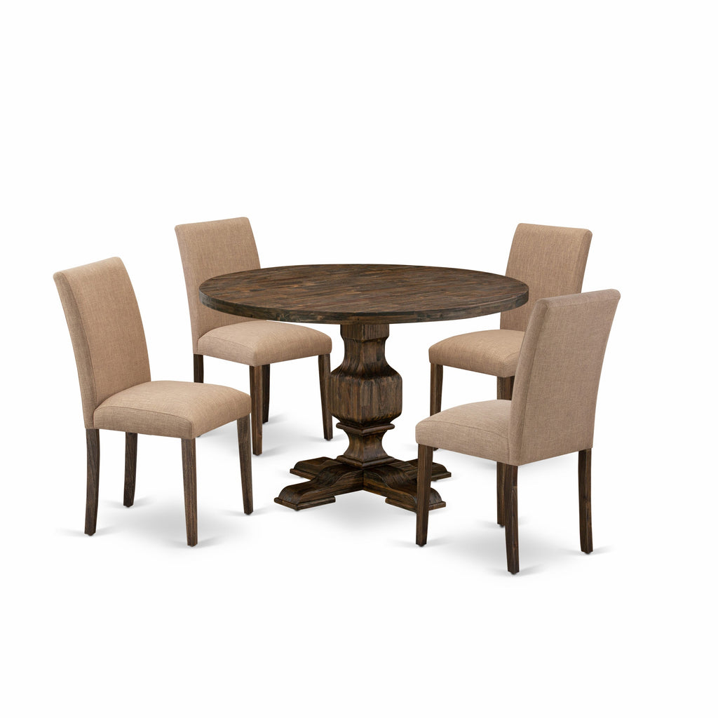 East West Furniture I3AB5-747 5 Piece Dining Table Set for 4 Includes a Round Kitchen Table with Pedestal and 4 Light Sable Linen Fabric Parsons Dining Chairs, 48x48 Inch, Distressed Jacobean