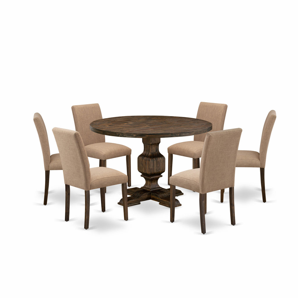 East West Furniture I3AB7-747 7 Piece Modern Dining Table Set Consist of a Round Wooden Table with Pedestal and 6 Light Sable Linen Fabric Parson Chairs, 48x48 Inch, Distressed Jacobean