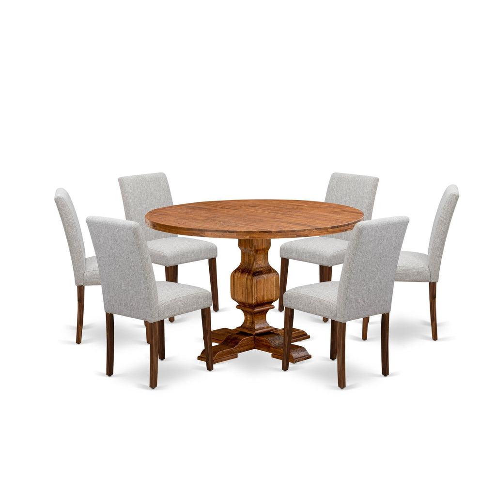 East West Furniture I3AB7-N35 7 Piece Dining Set Consist of a Round Dining Room Table with Pedestal and 6 Doeskin Linen Fabric Upholstered Parson Chairs, 48x48 Inch, Antique Walnut