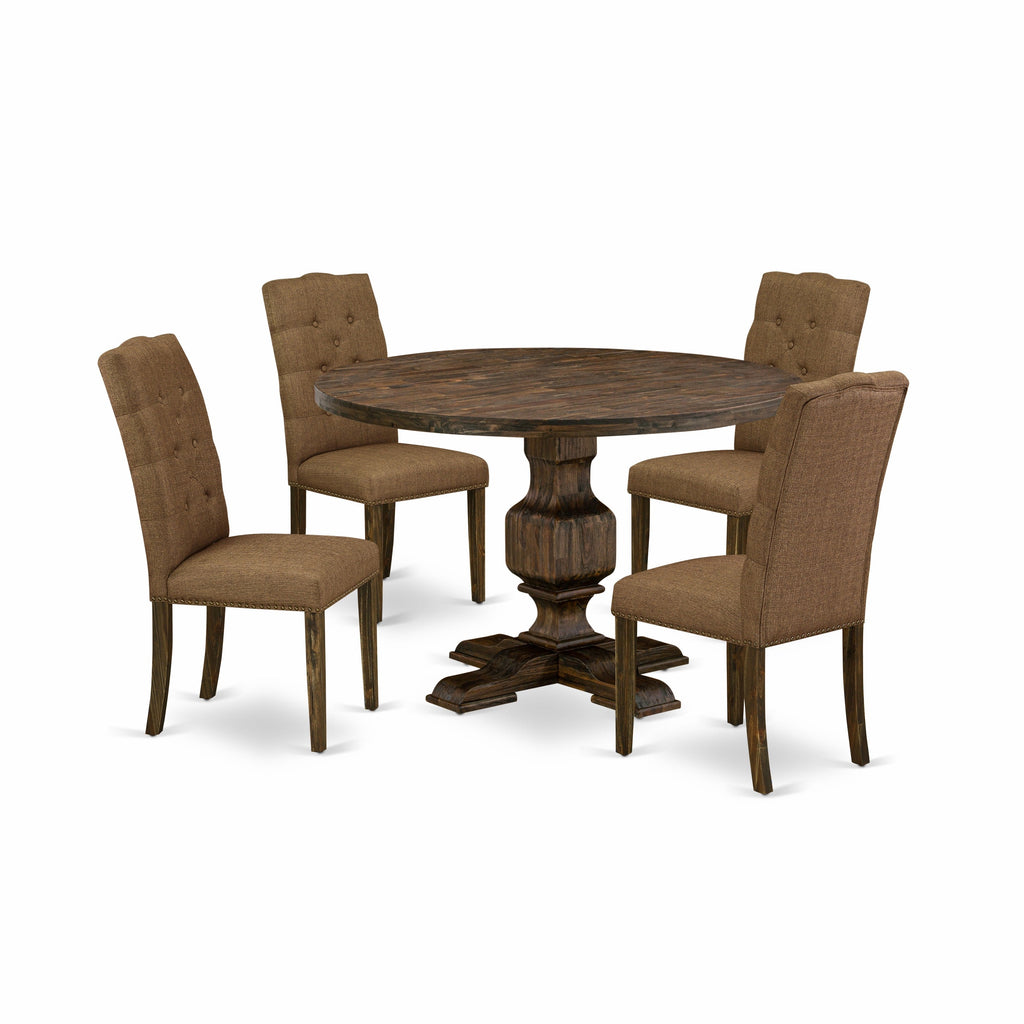 East West Furniture I3EL5-718 5 Piece Modern Dining Table Set Includes a Round Wooden Table with Pedestal and 4 Brown Linen Linen Fabric Upholstered Chairs, 48x48 Inch, Distressed Jacobean