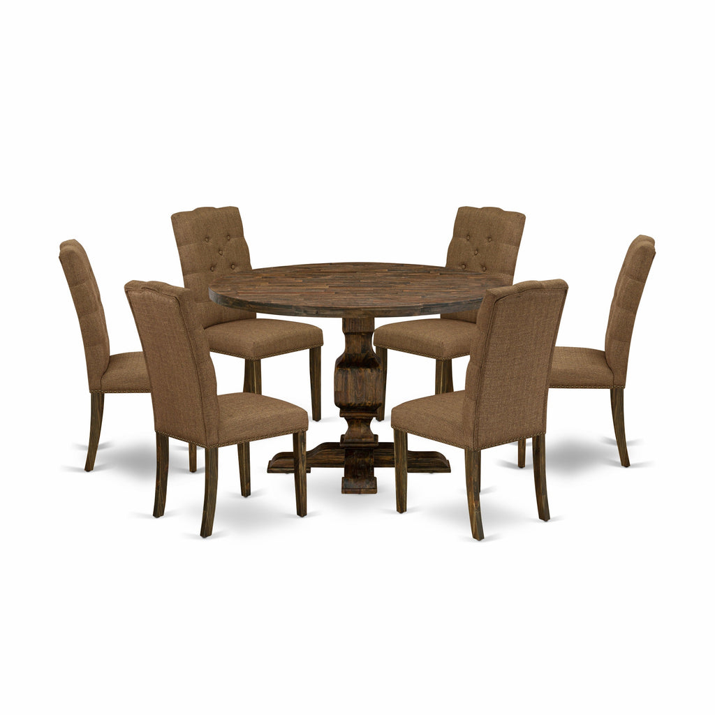 East West Furniture I3EL7-718 7 Piece Dining Set Consist of a Round Dining Room Table with Pedestal and 6 Brown Linen Linen Fabric Upholstered Parson Chairs, 48x48 Inch, Distressed Jacobean