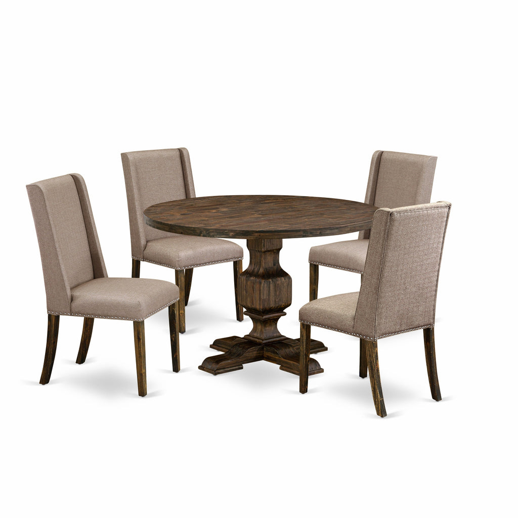East West Furniture I3FL5-716 5 Piece Kitchen Table Set for 4 Includes a Round Dining Room Table with Pedestal and 4 Dark Khaki Linen Fabric Parson Dining Chairs, 48x48 Inch, Distressed Jacobean