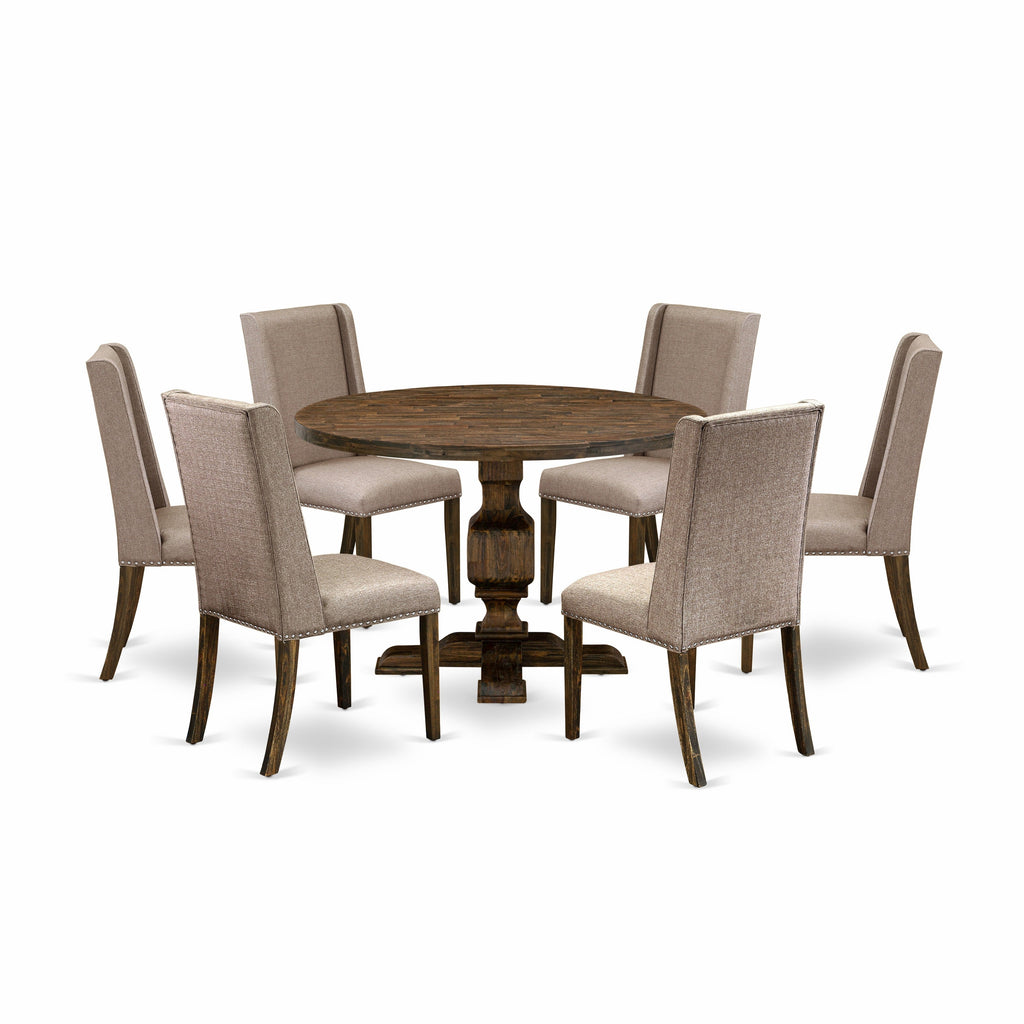 East West Furniture I3FL7-716 7 Piece Dining Table Set Consist of a Round Wooden Table with Pedestal and 6 Dark Khaki Linen Fabric Parson Chairs, 48x48 Inch, Distressed Jacobean