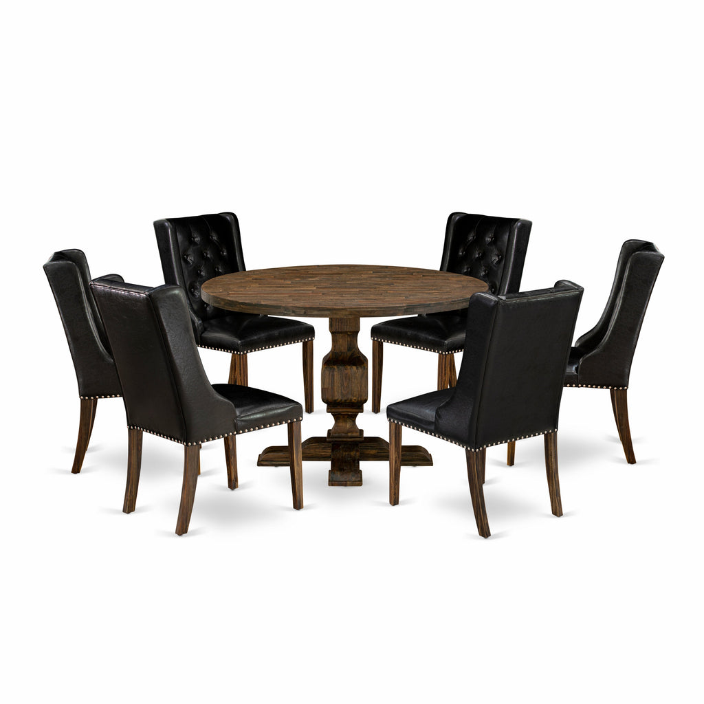 East West Furniture I3FO7-749 7 Piece Kitchen Table & Chairs Set Consist of a Round Dining Room Table with Pedestal and 6 Black Faux Leather Parson Dining Chairs, 48x48 Inch, Distressed Jacobean
