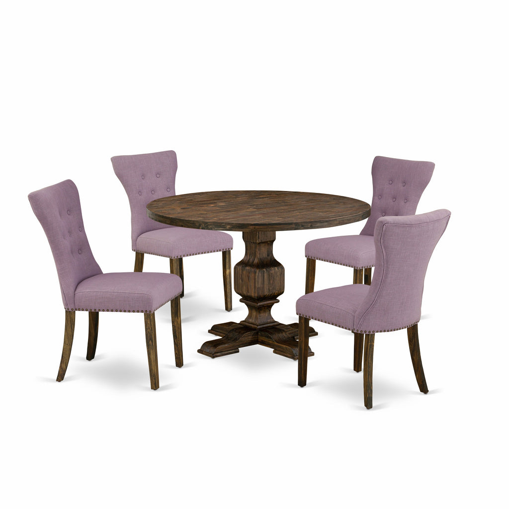 East West Furniture I3GA5-740 5 Piece Dining Room Table Set Includes a Round Kitchen Table with Pedestal and 4 Dahlia Linen Fabric Parsons Dining Chairs, 48x48 Inch, Distressed Jacobean