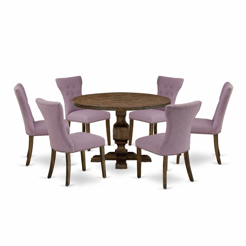 East West Furniture I3GA7-740 7 Piece Dining Table Set Consist of a Round Dining Room Table with Pedestal and 6 Dahlia Linen Fabric Upholstered Parson Chairs, 48x48 Inch, Distressed Jacobean