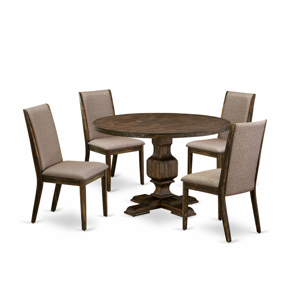 East West Furniture I3LA5-716 5 Piece Modern Dining Table Set Includes a Round Wooden Table with Pedestal and 4 Dark Khaki Linen Fabric Parson Dining Chairs, 48x48 Inch, Distressed Jacobean