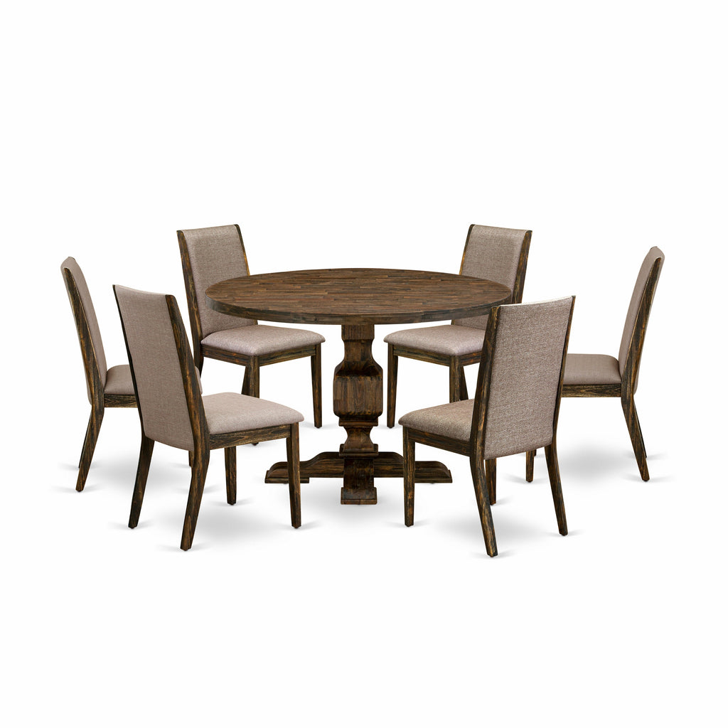 East West Furniture I3LA7-716 7 Piece Dining Room Table Set Consist of a Round Kitchen Table with Pedestal and 6 Dark Khaki Linen Fabric Parson Dining Chairs, 48x48 Inch, Distressed Jacobean