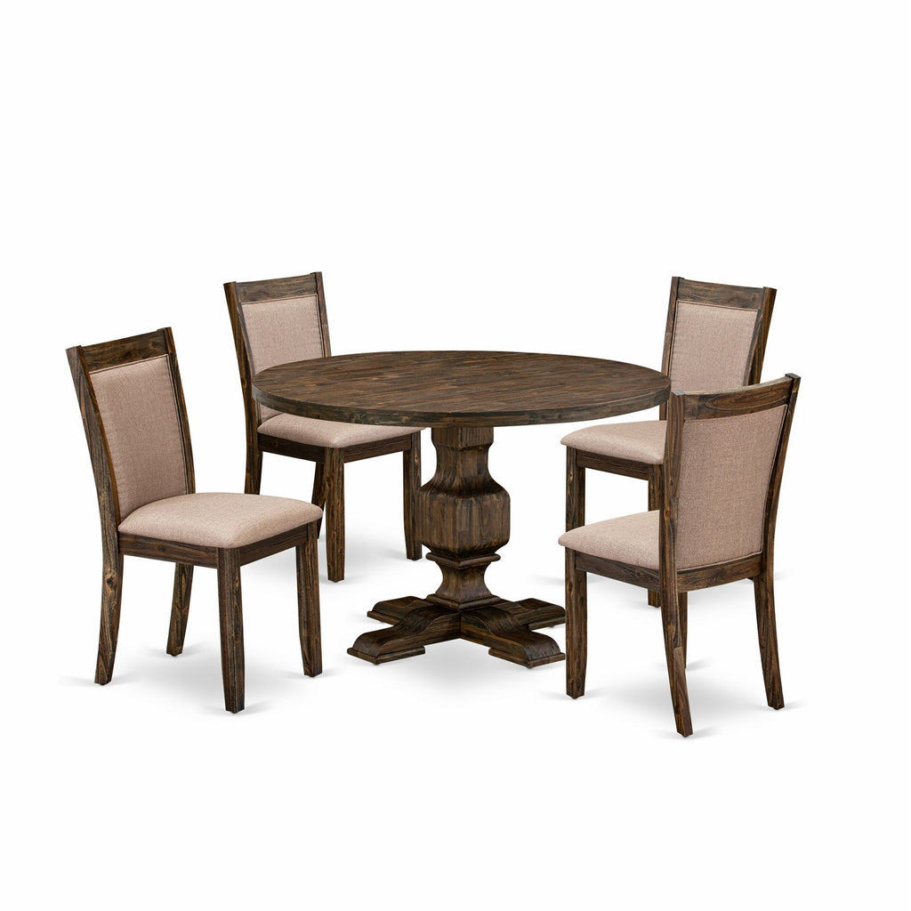 East West Furniture I3MZ5-716 5 Piece Dining Table Set for 4 Includes a Round Kitchen Table with Pedestal and 4 Dark Khaki Linen Fabric Parson Dining Chairs, 48x48 Inch, Distressed Jacobean