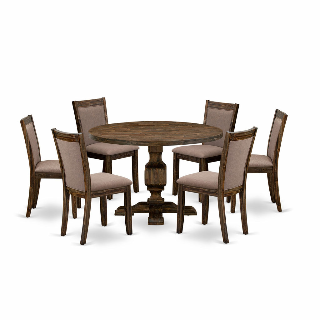 East West Furniture I3MZ7-748 7 Piece Dining Room Table Set Consist of a Round Dining Table with Pedestal and 6 Coffee Linen Fabric Upholstered Chairs, 48x48 Inch, Distressed Jacobean