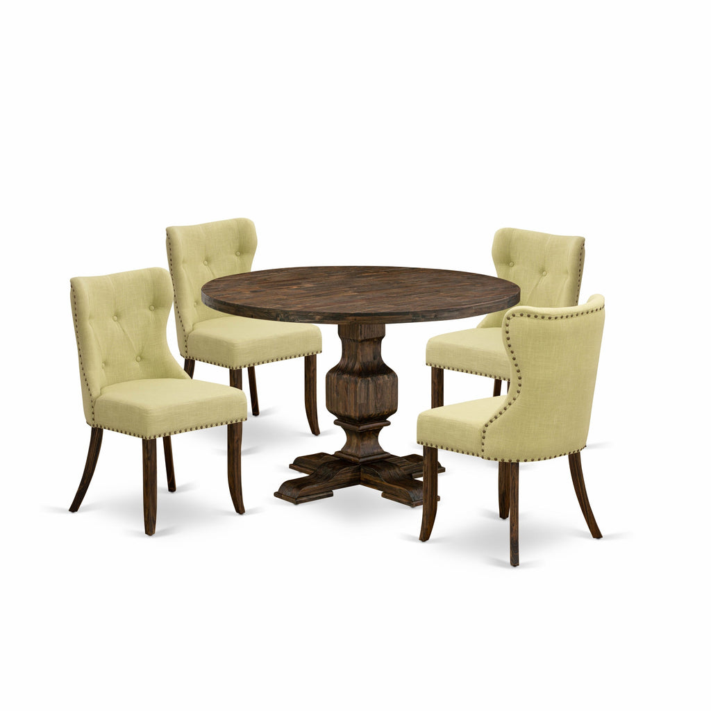 East West Furniture I3SI5-737 5 Piece Dining Set Includes a Round Dining Room Table with Pedestal and 4 Limelight Linen Fabric Upholstered Chairs, 48x48 Inch, Distressed Jacobean
