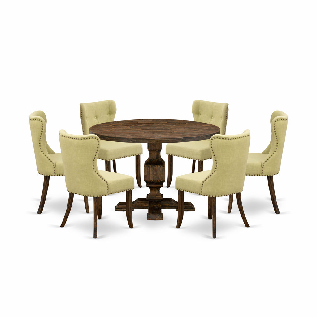 East West Furniture I3SI7-737 7 Piece Kitchen Table & Chairs Set Consist of a Round Dining Room Table with Pedestal and 6 Limelight Linen Fabric Parson Chairs, 48x48 Inch, Distressed Jacobean