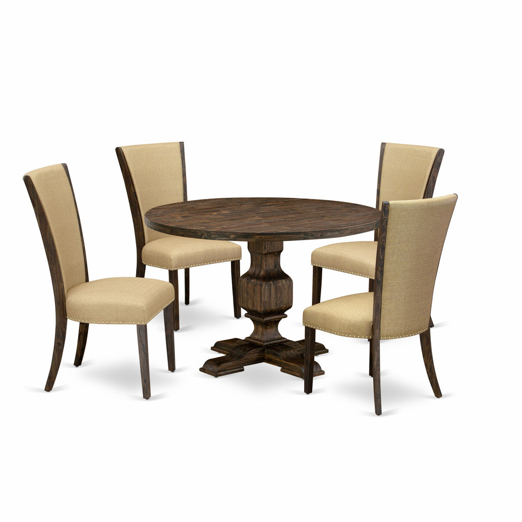 East West Furniture I3VE5-703 5 Piece Kitchen Table Set for 4 Includes a Round Dining Room Table with Pedestal and 4 Brown Linen Fabric Parson Dining Chairs, 48x48 Inch, Distressed Jacobean