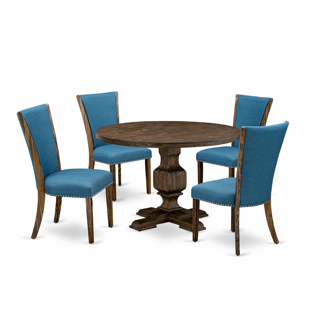 East West Furniture I3VE5-721 5 Piece Modern Dining Table Set Includes a Round Wooden Table with Pedestal and 4 Blue Color Linen Fabric Parson Chairs, 48x48 Inch, Distressed Jacobean