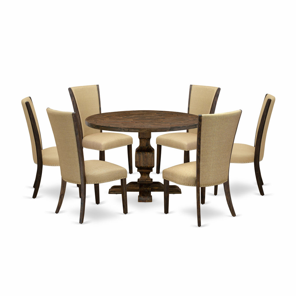East West Furniture I3VE7-703 7 Piece Kitchen Table Set Consist of a Round Dining Table with Pedestal and 6 Brown Linen Fabric Parson Chairs, 48x48 Inch, Distressed Jacobean