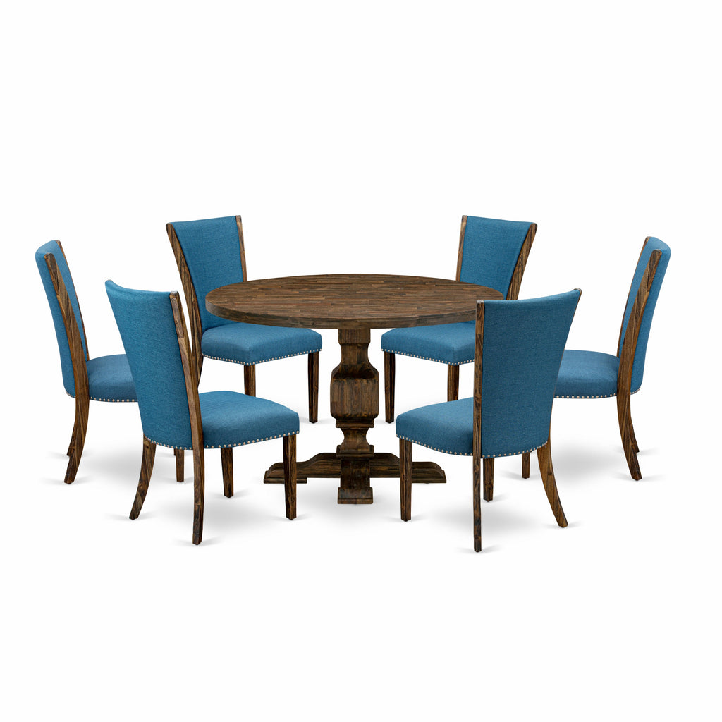 East West Furniture I3VE7-721 7 Piece Modern Dining Table Set Consist of a Round Wooden Table with Pedestal and 6 Blue Color Linen Fabric Upholstered Chairs, 48x48 Inch, Distressed Jacobean