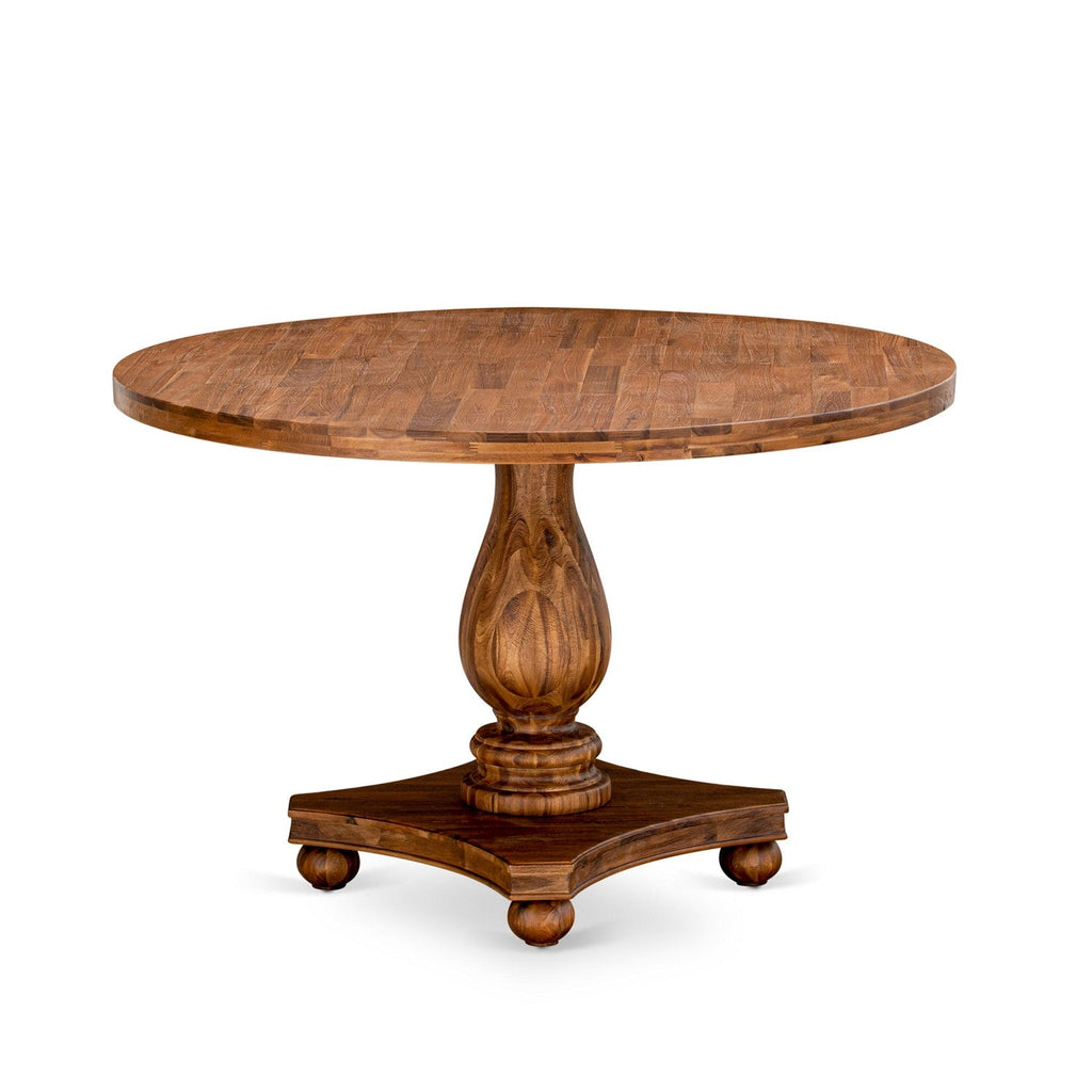 East West Furniture IR2-0N-TP Irving Rustic Farmhouse Table - a Round Dining Table Top with Pedestal Base, 48x48 Inch, Sandblasting Antique Walnut