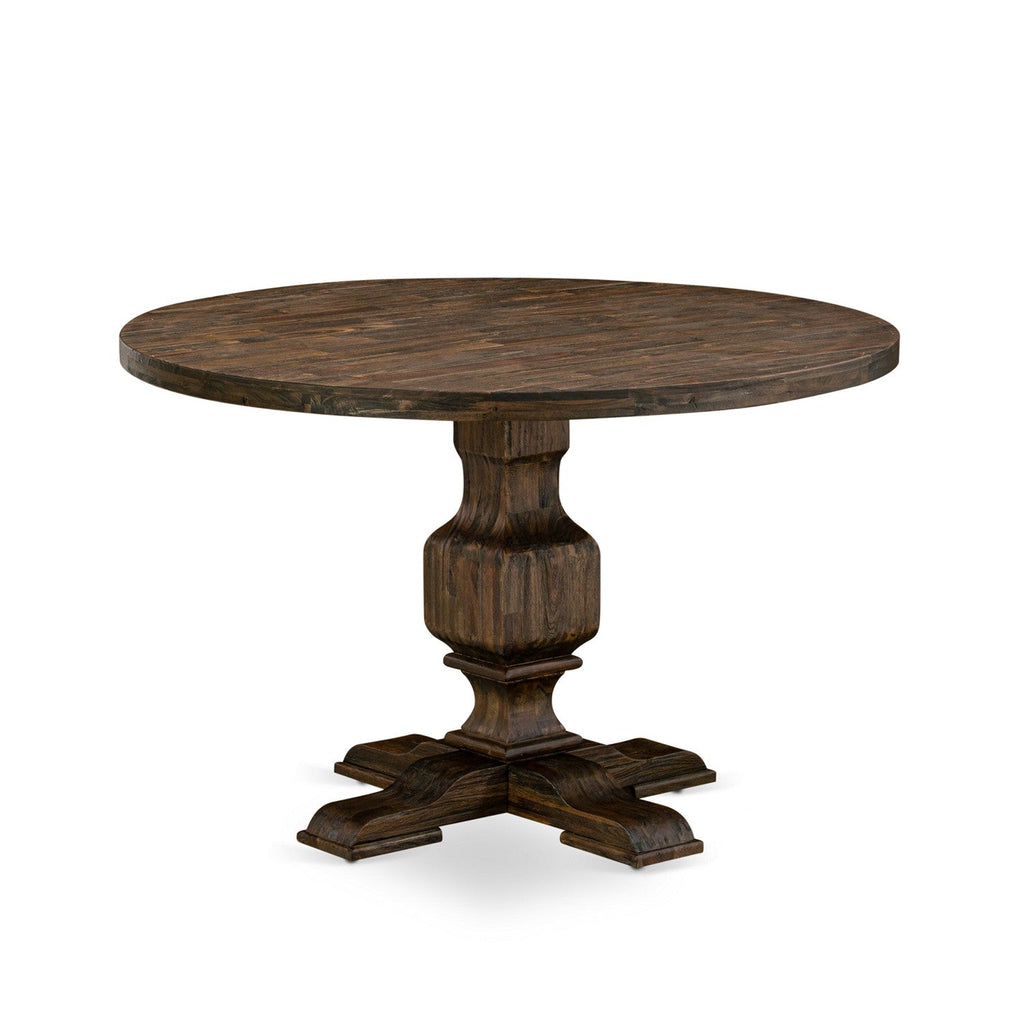 East West Furniture I3VE7-703 7 Piece Kitchen Table Set Consist of a Round Dining Table with Pedestal and 6 Brown Linen Fabric Parson Chairs, 48x48 Inch, Distressed Jacobean