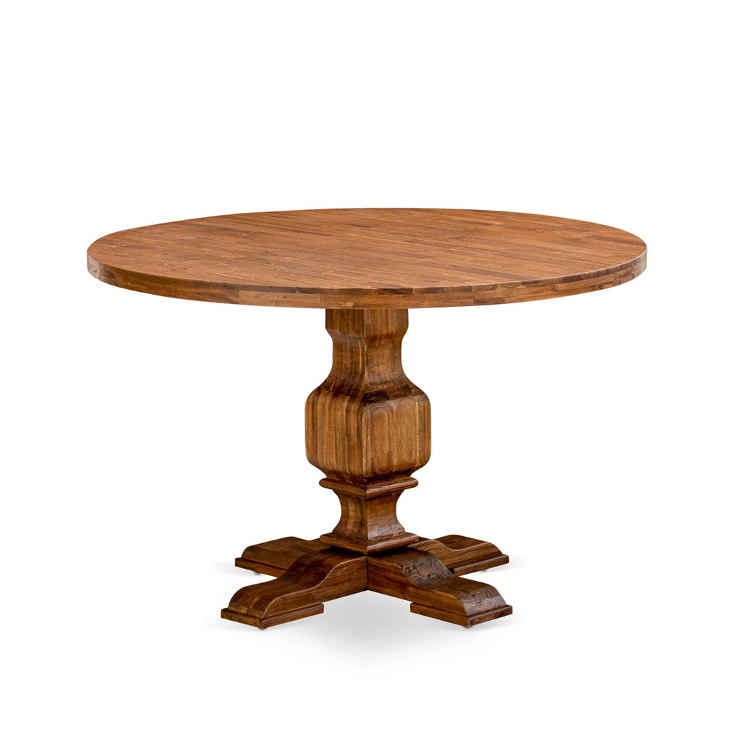 East West Furniture IR3-0N-TP Irving Kitchen Dining Table - a Round Wooden Table Top with Pedestal Base, 48x48 Inch, Sandblasting Antique Walnut
