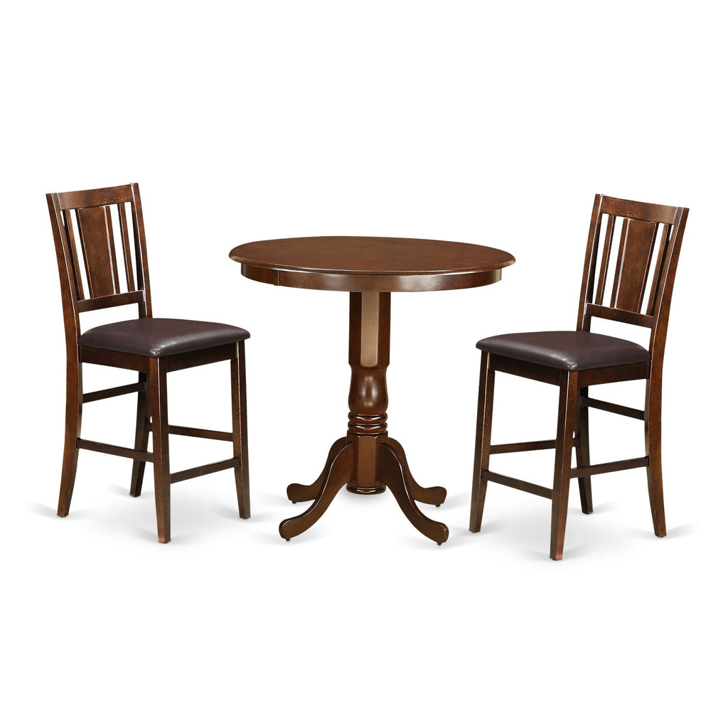 East West Furniture JABU3-MAH-LC 3 Piece Counter Height Dining Table Set Contains a Round Wooden Table with Pedestal and 2 Faux Leather Kitchen Dining Chairs, 36x36 Inch, Mahogany