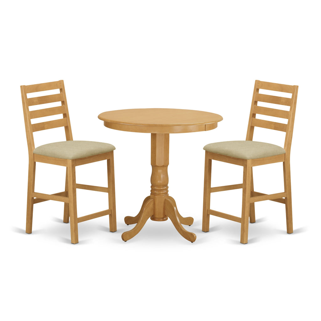 East West Furniture JACF3-OAK-C 3 Piece Kitchen Counter Height Dining Table Set Contains a Round Pub Table with Pedestal and 2 Linen Fabric Upholstered Chairs, 36x36 Inch, Oak