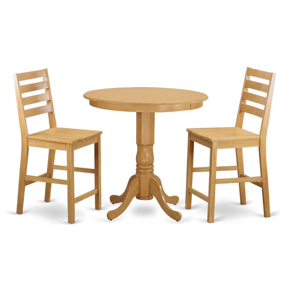 East West Furniture JACF3-OAK-W 3 Piece Counter Height Dining Set for Small Spaces Contains a Round Wooden Table with Pedestal and 2 Kitchen Chairs, 36x36 Inch, Oak