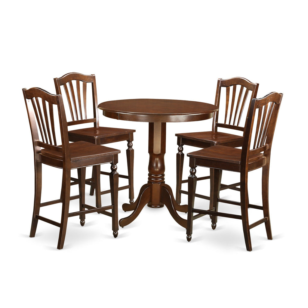 East West Furniture JACH5-MAH-W 5 Piece Kitchen Counter Height Dining Table Set Includes a Round Wooden Table with Pedestal and 4 Dining Chairs, 36x36 Inch, Mahogany