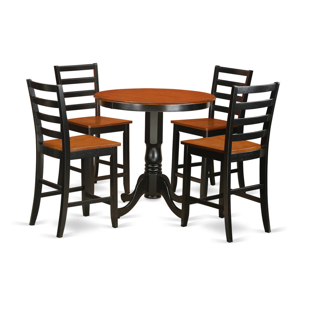 East West Furniture JAFA5-BLK-W 5 Piece Counter Height Pub Set Includes a Round Dining Table with Pedestal and 4 Kitchen Dining Chairs, 36x36 Inch, Black & Cherry