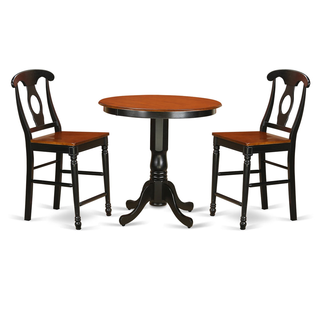 East West Furniture JAKE3-BLK-W 3 Piece Counter Height Dining Table Set Contains a Round Kitchen Table with Pedestal and 2 Dining Room Chairs, 36x36 Inch, Black & Cherry