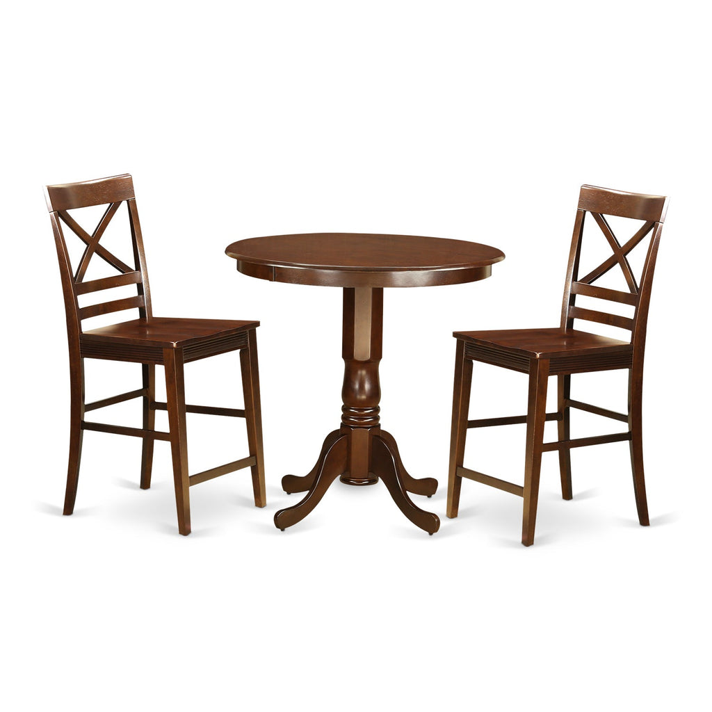 East West Furniture JAQU3-MAH-W 3 Piece Counter Height Pub Set for Small Spaces Contains a Round Dining Room Table with Pedestal and 2 Kitchen Chairs, 36x36 Inch, Mahogany