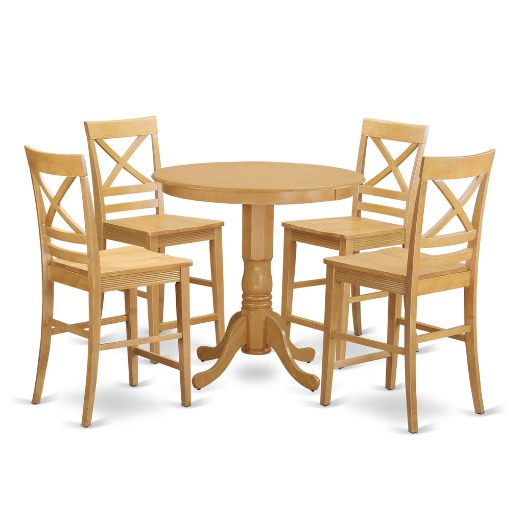 East West Furniture JAQU5-OAK-W 5 Piece Counter Height Dining Table Set Includes a Round Wooden Table with Pedestal and 4 Kitchen Dining Chairs, 36x36 Inch, Oak