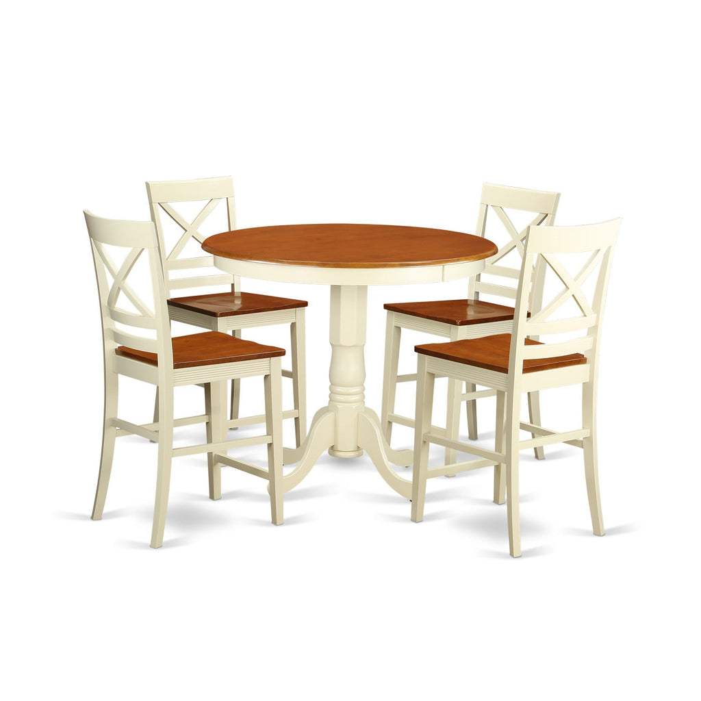 East West Furniture JAQU5-WHI-W 5 Piece Counter Height Dining Set Includes a Round Kitchen Table with Pedestal and 4 Dining Room Chairs, 36x36 Inch, Buttermilk & Cherry