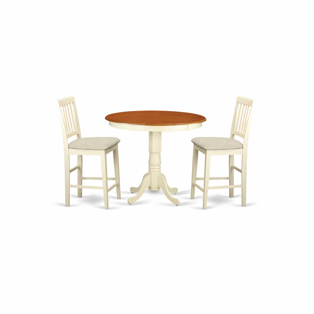 East West Furniture JAVN3-WHI-C 3 Piece Counter Height Pub Set for Small Spaces Contains a Round Wooden Table with Pedestal and 2 Linen Fabric Upholstered Chairs, 36x36 Inch, Buttermilk & Cherry
